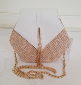 Straw + Leather Handbag, Lady Rattan Bag-Hand-Woven Beach Round Bohemia N Bag-US - Picture 1 of 13
