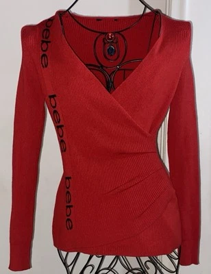BEBE Red Asymmetric Side LOGO Surplice Faux Wrap Ribbed Knit Sweater ~Size M - Image 1 of 4