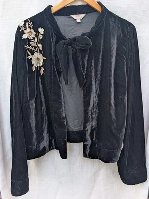 Anthology Womens Velvet Floral Embroidered Shrug Open Front Cardigan Sz 16 Black - Image 1 of 4