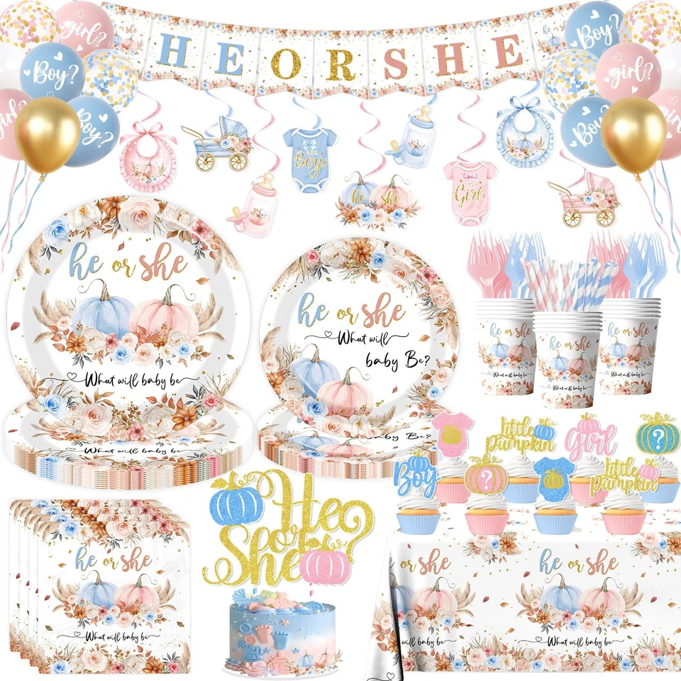 182 PCS Pumpkin Gender Reveal Decorations, Fall, He or She Plates, Napkins, Cups - Image 1 of 4