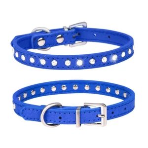 Dog Collar Suede Leather 1 Row Rhinestones Pet Crystals Diamante Bling Diamonds - Picture 1 of 11