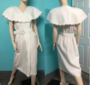 Vestido De Colección Años 80 Blanco Lino Dbl Pechos Manga Corta Dolman @Rodilla ¡ENORME Cuello! L - Imagen 1 de 10