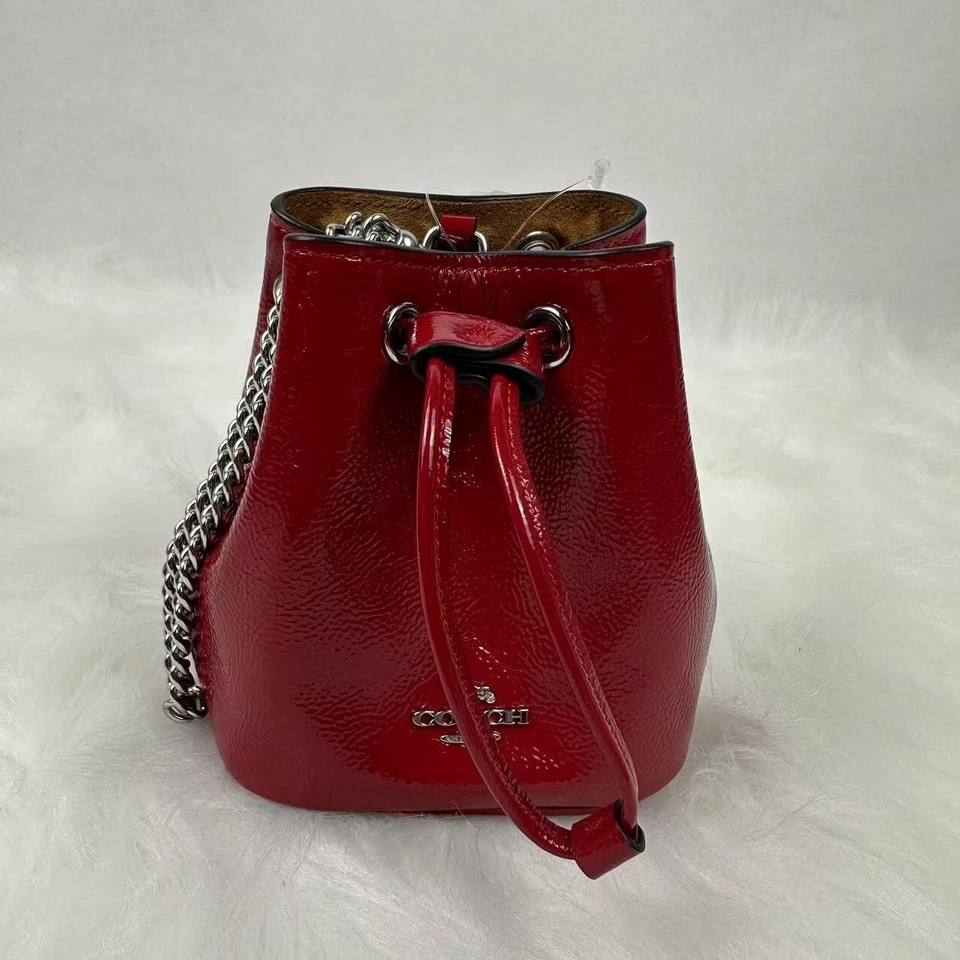 Coach CZ028 Drawstring Wristlet Pouch Bag in Silver /Red Patent Leather