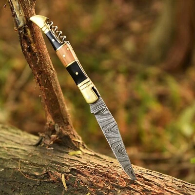 Handmade Toothpick Pocket Knife folding Blade-Wine opener Bull Horn Wood Handle - Image 1 of 4