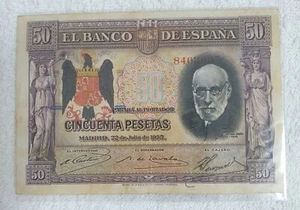 Scarce Rare Vintage 1935 Spain Commemorative 50 Pesetas Banknote - aUNC - Picture 1 of 2