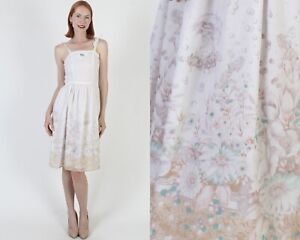 Vtg Cottagecore Toile Print Sundress 70s Shoulder Tie Colonial Fairy Boho Dress