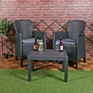 3pc Outdoor Garden Furniture Cushioned Black Rattan Table Chair Conversation Set - Picture 1 of 10