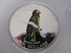 1995 $10 Bahamas Colorized "Bahama Parrot" .999 Silver Flora & Fauna Series - Picture 1 of 5
