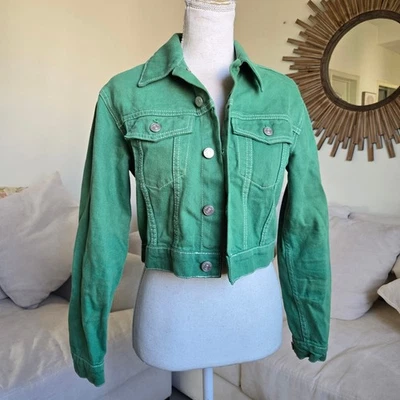 Куртка джинсовая Reformation Jeans Cora Shrunken XS зеленая контрастная стежок укороченная - Изображение 1 из 4