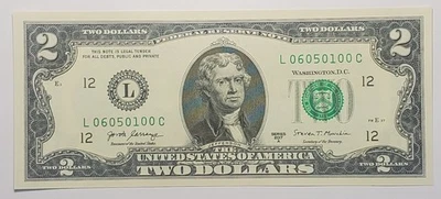 2017 A $2 GEM UNC note with very fancy serial# L06050100C - Image 1 of 2
