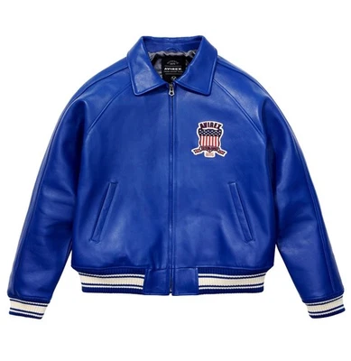 Men Avirex Blue USA Icon Real Cowhide Leather Bomber Biker American Flight Style - Image 1 of 4