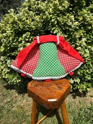 Vintage Christmas Bell Pillow 20" Red Green Lace Trim Hanging Holiday Décor - Image 1 of 4