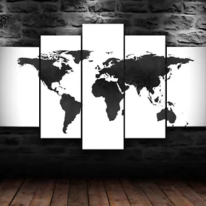 World Map Black White Artistic Grey 5 Piece Canvas Wall Art Print Home Decor - Picture 1 of 5