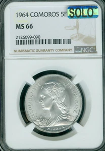 1964 COMOROS 5 FRANCS NGC MS66 PQ MAC SOLO FINEST GRADE RARE * - Picture 1 of 2