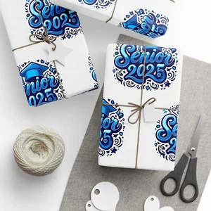 Senior 2025 Wrapping Paper Blue Graduation Gift Wrap Party Decoration Boy Girl - Picture 1 of 25