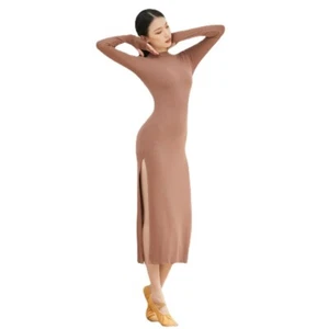 Damen Hoch Split Sexy Bodycon Kleid Elegant Rippen Yoga Tanz Ballsaal Übung Slim - Bild 1 von 17