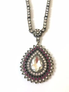 Women’s Necklace Rhinestones Floral Teardrop Necklace Pendant NWT Silver & Gray - Picture 1 of 9