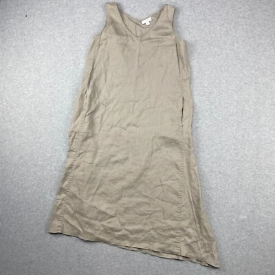 Pure Jill Linen Dress Womens XXS Khaki Shift Sleeveless V-Neck Asymmetrical Hem - Image 1 of 4