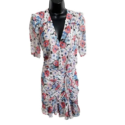 Veronica Beard Dakota Ruched Silk Floral Flounce Mini Dress White Multi Size 0 - Image 1 of 4