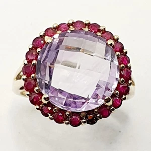Big 9ct Fancy Cut Amethyst & Ruby Cluster Cocktail Dress Ring Yellow Gold Size K - Picture 1 of 24