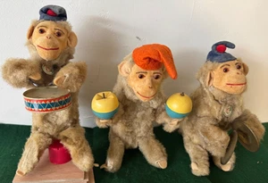 3 Vintage 1950's Windup Monkey Band Max Carl Cymbals Drum Rattles Germany Works - Picture 1 of 17