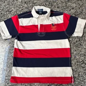POLO RALPH LAUREN Boys Rugby Shirt Size 8 Red White Navy Stripe PRL Yacht Club - Picture 1 of 8