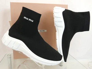 MIU MIU PRADA 5T664C BLACK KNIT WHITE LOGO PULL ON HIGH TOP SOCK ANKLE BOOTS  41 - Picture 1 of 14