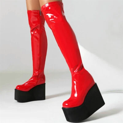 Womens Thigh High Over The Knee Boots High Heel Platform Creepers Zipper Creeper - Image 1 of 4