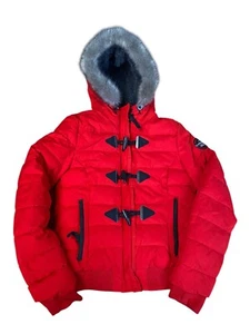 Superdry Puffer Jacket Women's Medium Red Toggle Zip Faux Fur Hooded Outerwear - Picture 1 of 11
