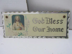OLD VINTAGE RELIGIOUS JESUS GOD BLESS OUR HOME CUT GLASS WALL HANGING - Picture 1 of 2