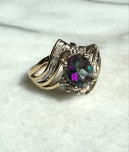 YELLOW GOLD MYSTIC TOPAZ AND DIAMOND  RING SIZE 7