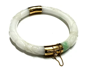 Jade Bangle Bracelet Carved 14K Yellow Gold Hinged White with Green 2 pc Vintage - Picture 1 of 10