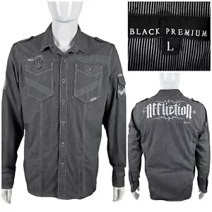 Affliction Mens Large Shirt Black Premium Gray Striped Modal Cotton Blend - Picture 1 of 11