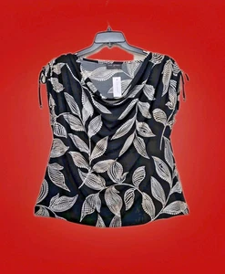 Lane Bryant Top Blouse Adjustable Cap Sleeve Scoop Neck Floral Black White 14 16 - Picture 1 of 24