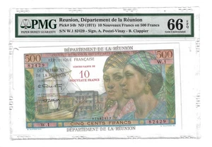 66EPQ PMG  10 Nouveaux Francs on 500 Francs ND (1971) Reunion Banknote # 54b - Picture 1 of 3