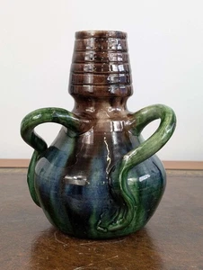 Belgian three loop handled vase with flambé glaze, Art Nouveau early 20th Centur - Picture 1 of 18