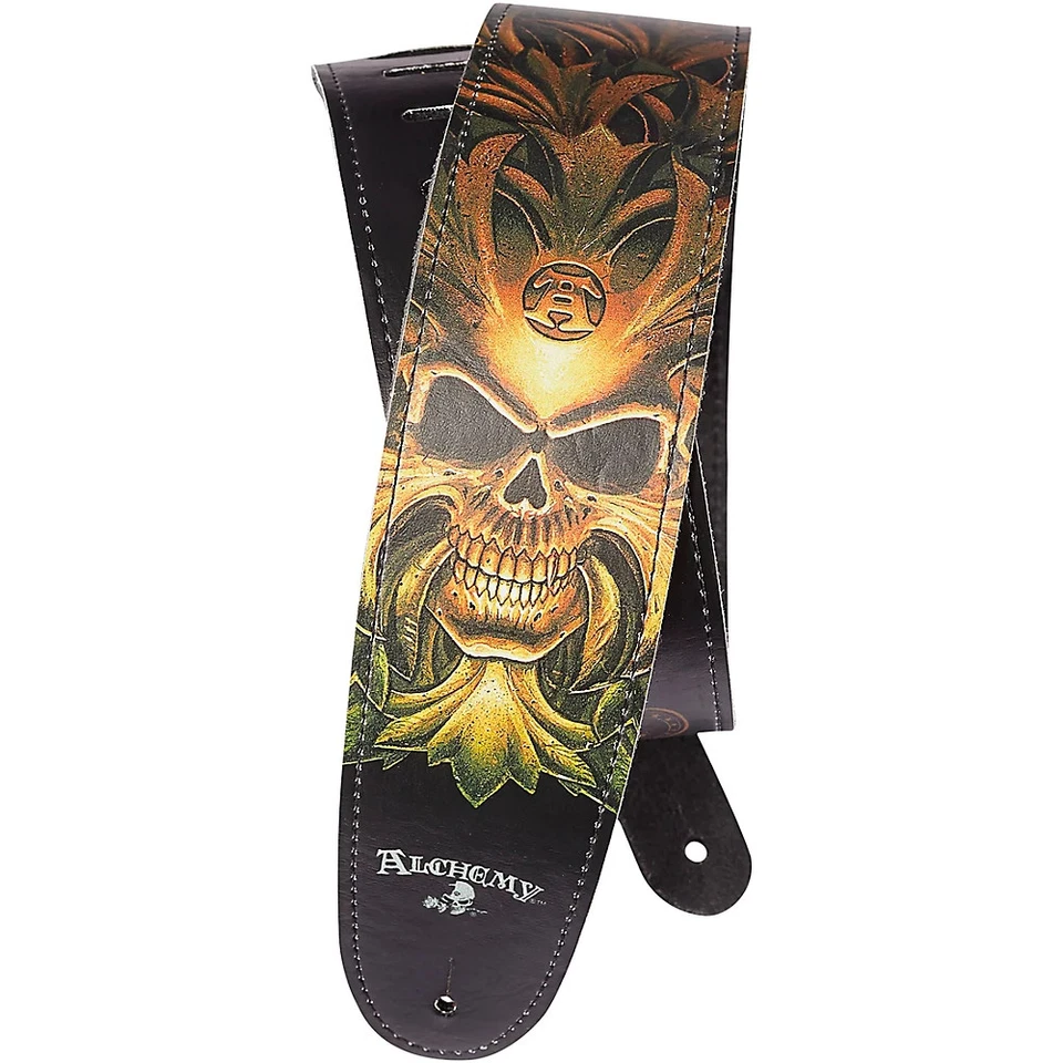 D'Addario Accessories Alchemy Leather Guitar Strap Green Skull