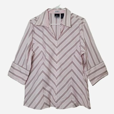 DCC Woman Size 1X Stripe Zip Front Shirt Pink White 3/4 Sleeve Stretch  - Image 1 of 4