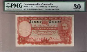 Australia Pick#21 R-11.(1936) 10 Shillings Riddle/Sheehan Geo V PMG 30 Very Fine