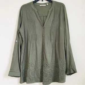 Soft Surroundings Bohemian Top Olive Eyelet Button up V-neck Blouse - Picture 1 of 15