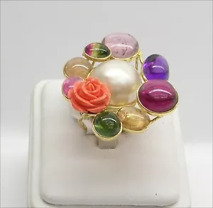 ANELLO IN ORO GIALLO 18 KT PERLA MABE PIETRE E CORALLO ROSA PEZZO UNICO OGNK 031 - Imagen 1 de 3