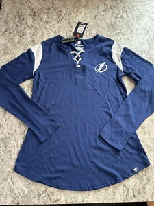 NWT Women’s Fanatics Tampa Bay Lightning Long Sleeve Tshirt Lace Up Large Blue - Picture 1 of 8