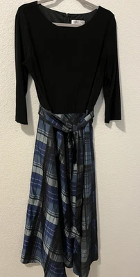 Платье Coldwater Creek 14 черное сине-зеленое клетчатое праздничная вечеринка официальный рукав 3/4 - Изображение 1 из 4