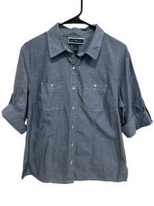 Karen Scott Chambray Hemd mit Knopfleiste blau Gr. Medium Rollriegelärmel Business - Bild 1 von 9
