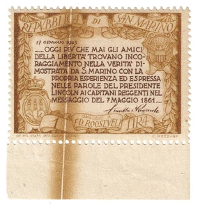 1947 San Marino - Roosevelt 1 l. vistoso taglio chirurgico bordo foglio MNH** - Picture 1 of 1