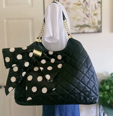 Bolso de Mano BETSY JOHNSON Lentejuelas Lunares Lazo Acolchado Negro Correa de Cadena Bolso Grande Foto 1 de 4