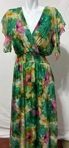Le Ragazze Women Silk Floral  XL  Maxi Dress Green Pink Long Maxi New NWT - Picture 1 of 12