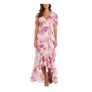NIGHTWAY Womens Pink Self Tie Waist Lined Flutter Sleeve Maxi Faux Wrap Dress 4 - Picture 1 of 7