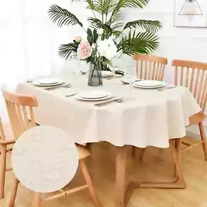 Faux Linen Oval Tablecloth Farmhouse Waterproof Neutral Table Cloth Washable Tab - Picture 1 of 4