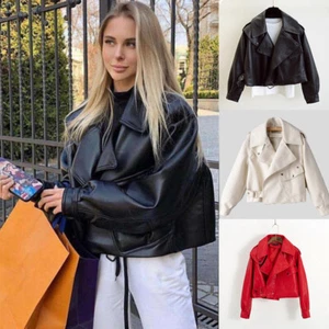 Jacket ins Outerwear Coat Spring Motorcycle Faux Leather Turndown Collar Women - Picture 1 of 10